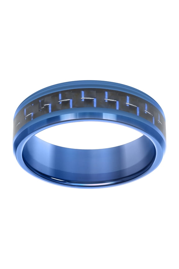 Men's Tungsten Black & Blue Two Tone Beveled Edge w/ Carbon Fiber Inlay Comfort Fit 8mm Wedding Band | Size 7
