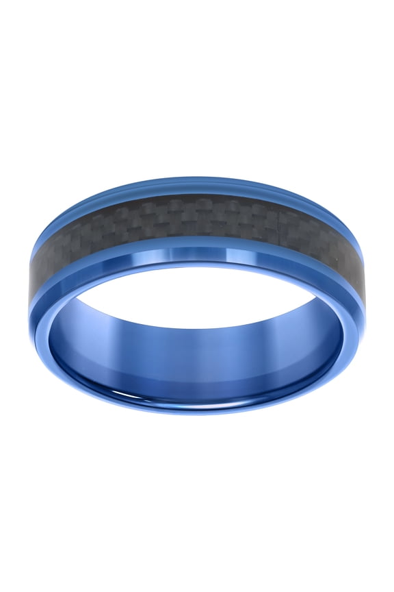 Men's Tungsten Blue & Black Two Tone Beveled Edge w/ Carbon Fiber Inlay Comfort Fit 8mm Wedding Band | Size 9