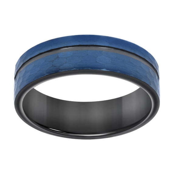Men's Tungsten Blue & Black Two Tone Brushed Finish Grooved Comfort Fit 8mm Wedding Band | Size 8.5