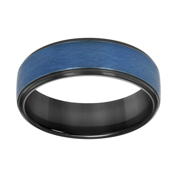 Men's Tungsten Blue & Black Two Tone Brushed Finish w/ Step Edge Comfort Fit 8mm Wedding Band | Size 13.5