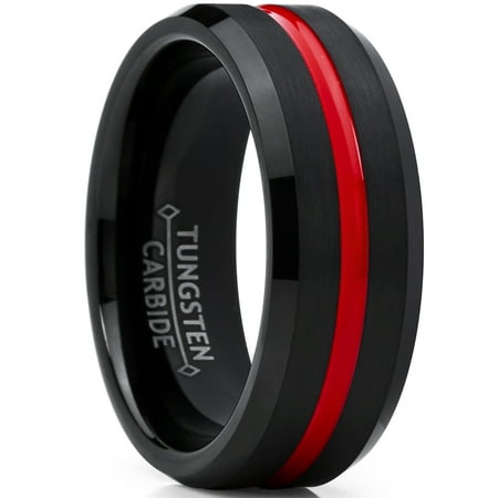 Men's Tungsten Carbide Black Wedding Band Engagement Ring,Grooved Red Center, Comfort Fit 9