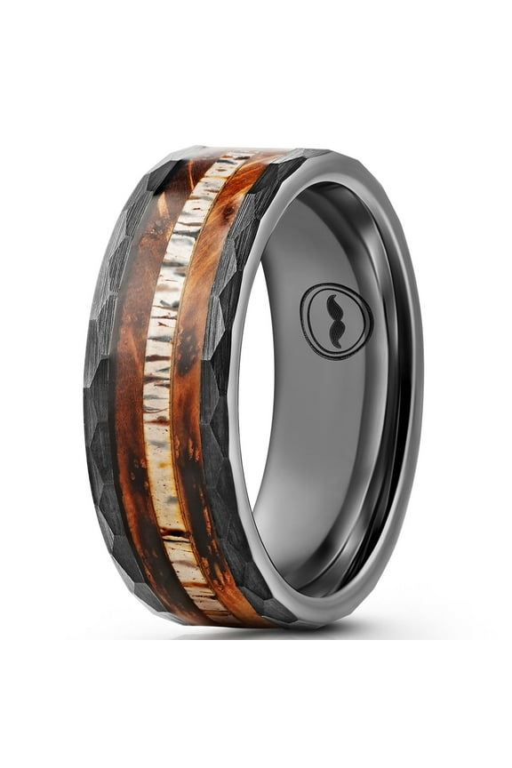 Men's Tungsten Carbide Wedding Band - Premium Grade Black Hammered Ring (Whiskey Barrel Wood & Deer Antler Inlay) - Includes Silicon Band, Leather Drawstring Pouch, & Luxury Walnut Ring Box(Size 9.5)