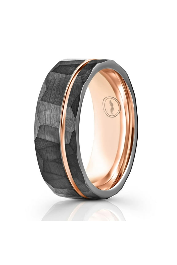 Men's Tungsten Carbide Wedding Band - Premium Grade Hammered Brushed Tungsten Wedding Ring for Men - Includes Silicon Band, Leather Drawstring Pouch, and Luxury Walnut Ring Box (Size 12)