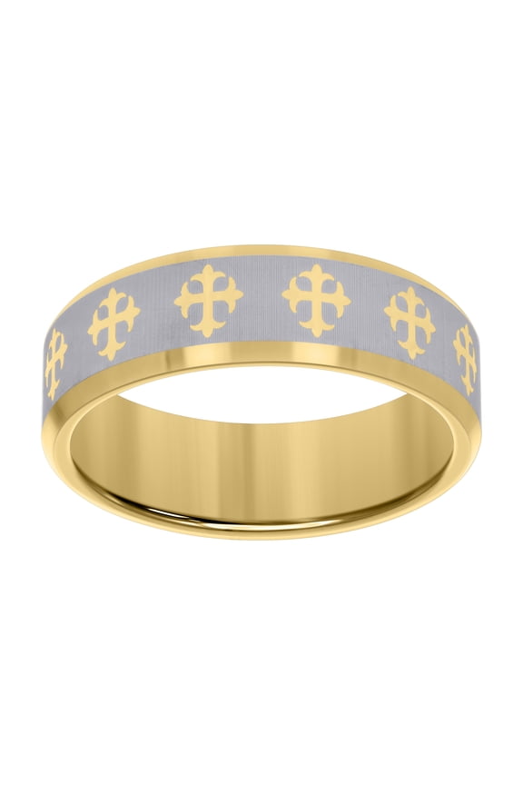 Men's Tungsten Gold & Grey Beveled Edge w/ Cross Design Comfort Fit 8mm Wedding Band | Size 7