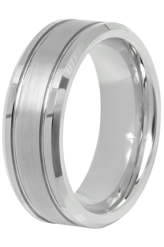 Men's Tungsten Satin Center Double Grooved 8MM Wedding Band - Men's Ring