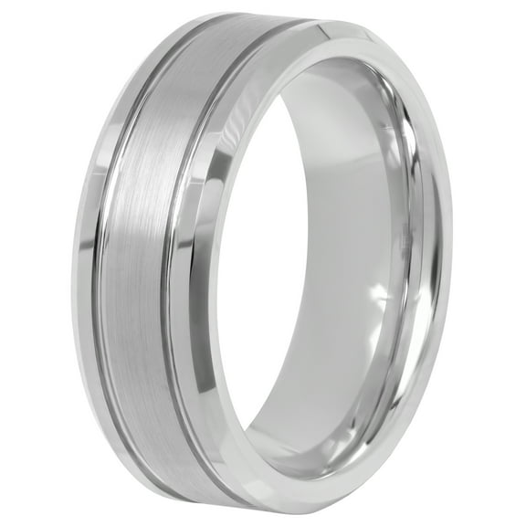 Men's Tungsten Satin Center Double Grooved 8MM Wedding Band - Men's Ring