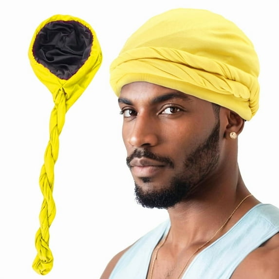 Men's Turban Hat Satin Lining Stretchy Men Bandana Indian Cap Modal And Satin Turban Hip Hop Caps Headband Biker Headwrap (Yellow,One Size)