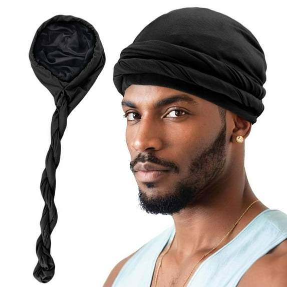 Men's Turban Hat Satin Lining Stretchy Men Bandana Indian Cap Modal And Satin Turban Hip Hop Caps Headband Biker Headwrap (black,One Size)