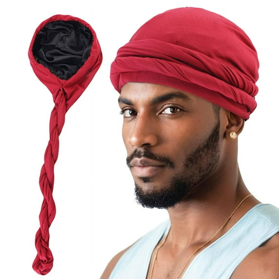 Men's Turban Hat Satin Lining Stretchy Men Bandana Indian Cap Modal And Satin Turban Hip Hop Caps Headband Biker Headwrap (wine red,One Size)