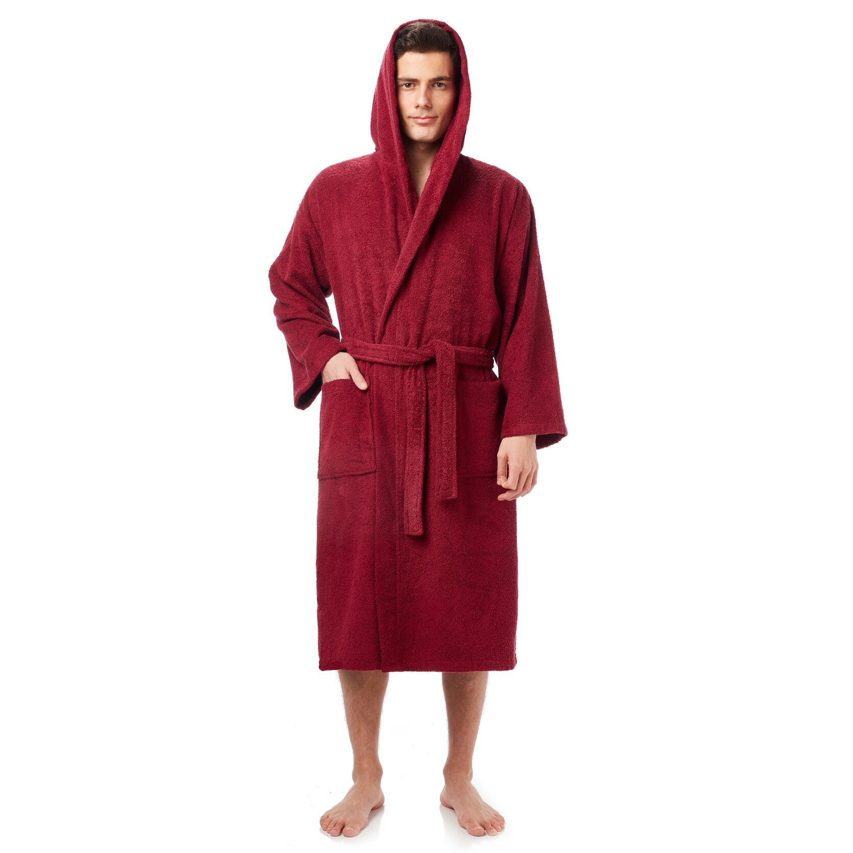 Men's Turkish Cotton Hooded Bathrobe Burgundy XXL