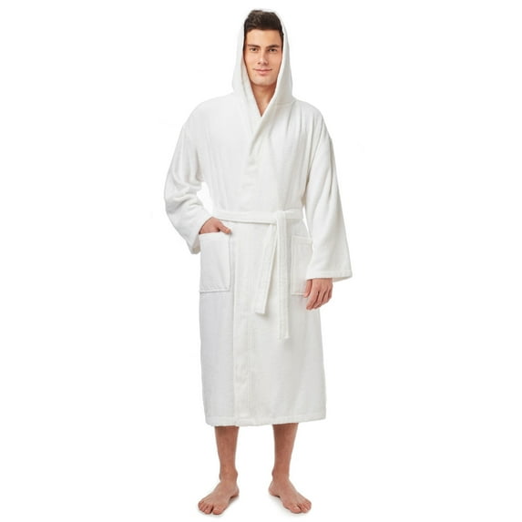 Men's Turkish Cotton Hooded Bathrobe White S/M