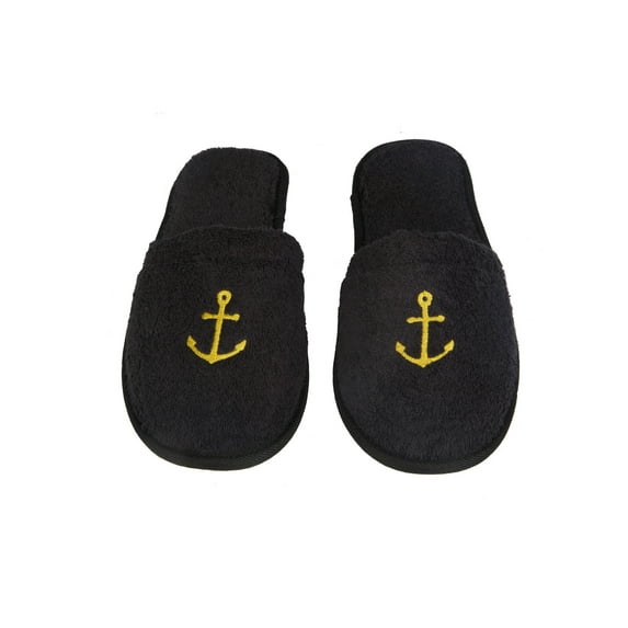 Men's Turkish Cotton Terry Cloth Anchor Embroidered Spa Slippers, Black