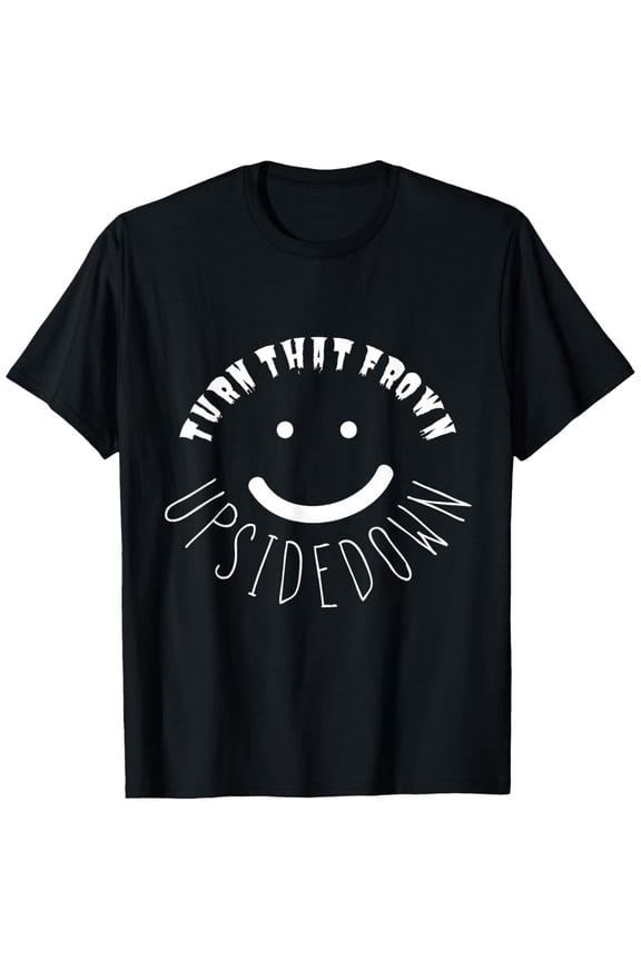 Men's Turn That Frown Upside Smile:) Graphic T-Shirt - 100% Cotton Relaxed Fit Casual Tee, Black with White Print, S-XXXL Sizes, Machine Washable, Easycare Clothing, Playful Design, Pure Cotton