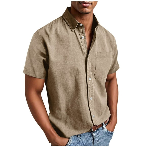 Men's Turndown Collar Shirt Short Sleeve Button Down T-Shirt With Pocket Loose Fit Breathable Casual Summer Top