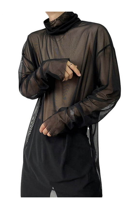 Men's Turtle Neck Loose Mesh Shirts Clubwear Lightweight Long See-thru Pullover Shirts