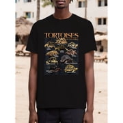Men's Turtle World Graphic T-Shirt - 100% Cotton, Short Sleeve Crew Neck, Black with Golden Embellished Turtle Design, Perfect Gift for Turtle Lovers, All-Season Casual Wear