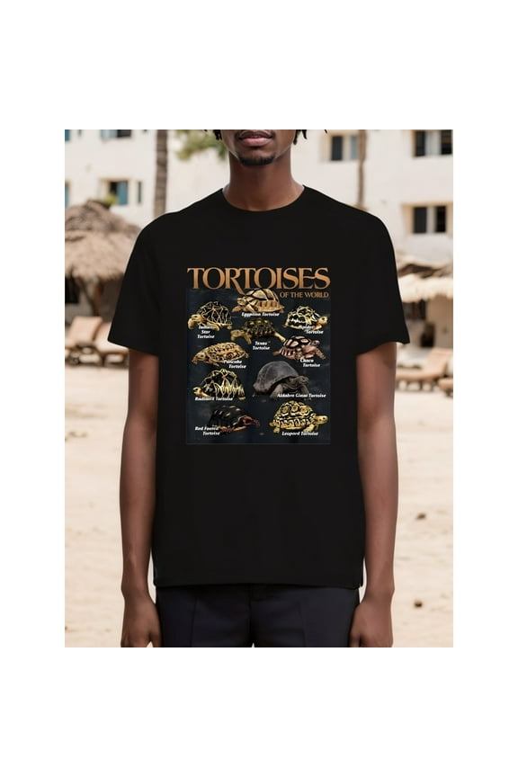 Men's Turtle World Graphic T-Shirt - 100% Cotton, Short Sleeve Crew Neck, Black with Golden Embellished Turtle Design, Perfect Gift for Turtle Lovers, All-Season Casual Wear