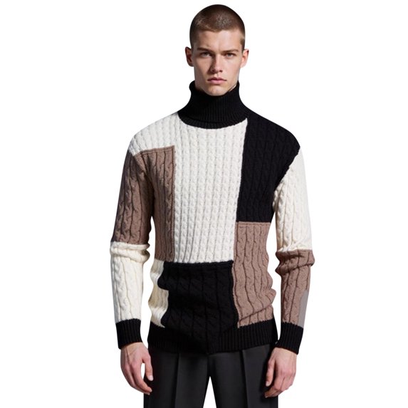 Men's Turtleneck Color Block Cable Knit Sweater Long Sleeve Pullover Top