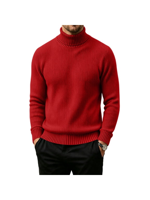 Men's Turtleneck Solid Color Sweater Ribbed Knit Pullover Slim Fit Long Sleeve Warm Fall Winter Casual Tops Red M