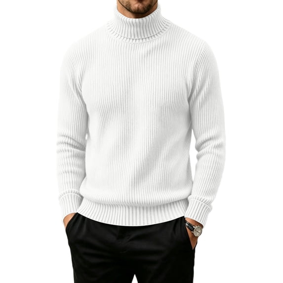 Men's Turtleneck Solid Color Sweater Ribbed Knit Pullover Slim Fit Long Sleeve Warm Fall Winter Casual Tops White 3XL