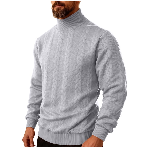 Men's Turtleneck Sweater Cable Knit Long Sleeve Jacquard Warm Pullover Casual Solid Top for Fall Winter (L, Gray)