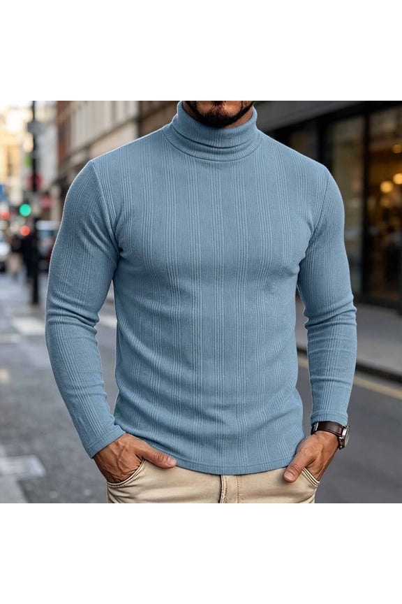 Men's Turtleneck Sweater Ribbed Long Sleeve Thermal Shirt Solid Stretch Slim Fitting Basic Pullover Tops Fall Winter Daily Wear Blue S