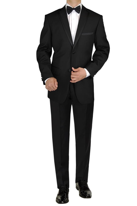 Men's Tuxedo Suit Two Button Jacket Flat Front Adjustable Pants Black