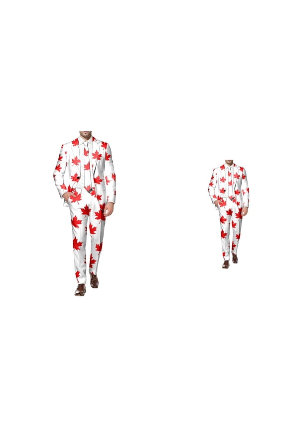 Men's Tuxedo Suits 2 Piece Canada Maple Leaf Printed Lapel V Neck One Button Blazer and Pant Matching Sets for Outdoor Activities Parties Gatherings Tailored Fit All Seasons Sophisticated Style