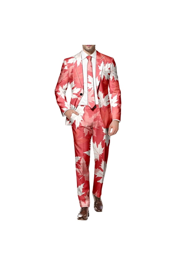 Men's Tuxedo Suits 2 Piece Canada Maple Leaf Printed Lapel V Neck One Button Blazer and Pant Matching Sets Slim Fit Design For Outdoor Events Vacations Parties All Seasons Versatile Suit Set