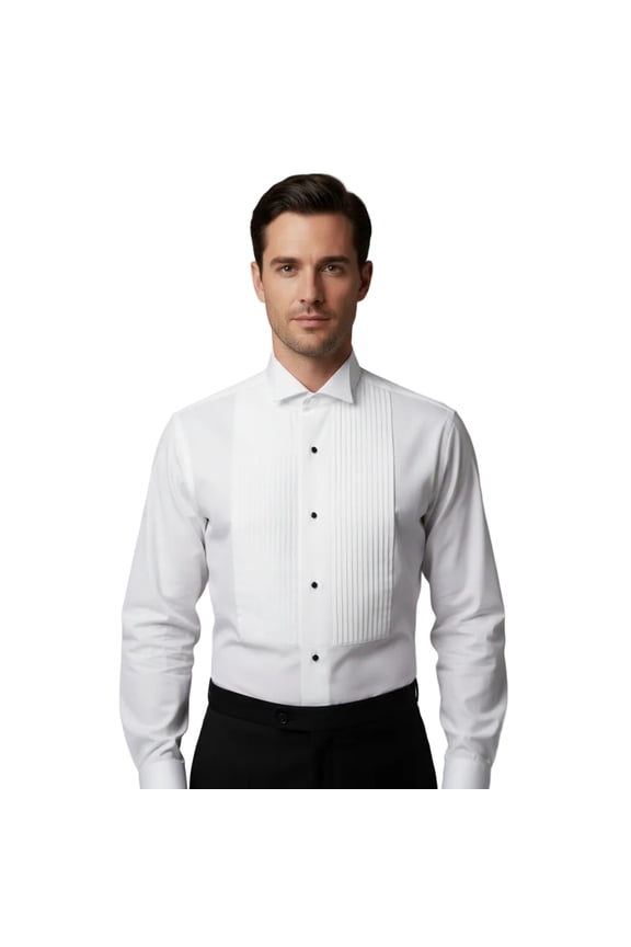 Men's Tuxedo shirt By Classix Wing Tip Formal Pleated Front After Six M00 White