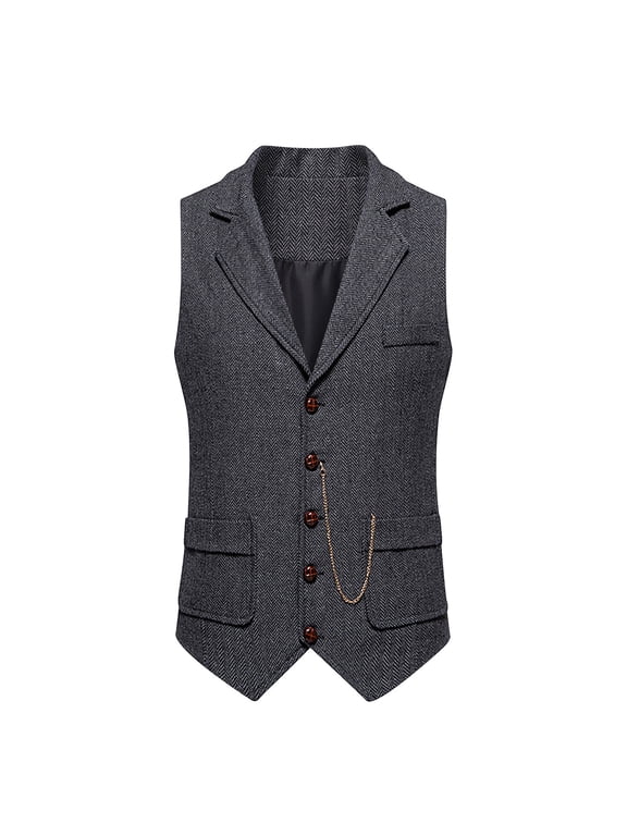 Men's Tweed Dress Suit Vest Western Herringbone Wool Casual Slim Fit Lapel Waistcoat for Groomsman for Prom Size 2XL Dark Gray