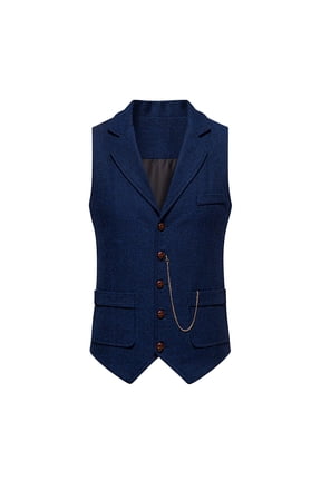 Men's Tweed Dress Suit Vest Western Herringbone Wool Casual Slim Fit Lapel Waistcoat for Groomsman for Prom Size 2XL Navy