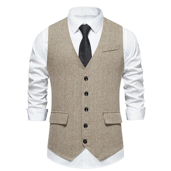 Men's Tweed Single Breasted Suit Vest Western Herringbone Business Vintage Casual Waistcoat for Groomsman Khaki S