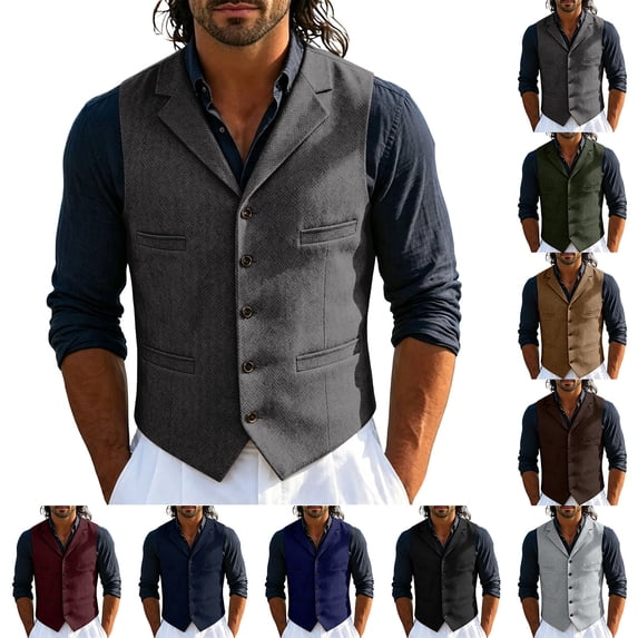 Men's Tweed Suit Vintage Single Breasted Vest Herringbone Wool Prom Waistcoat Groomsmen