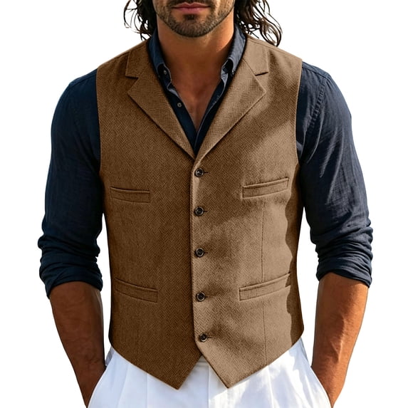 Men's Tweed Suit Vintage Single Breasted Vest Herringbone Wool Prom Waistcoat Groomsmen