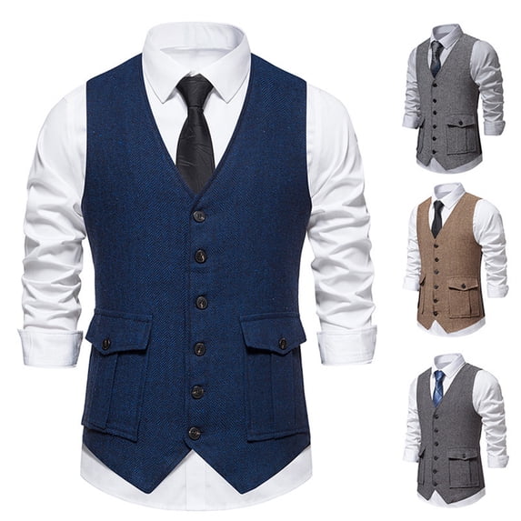 Men's Tweed Suit Vintage Vest Casual Herringbone Prom Waistcoat Groomsmen Dark Gray XL