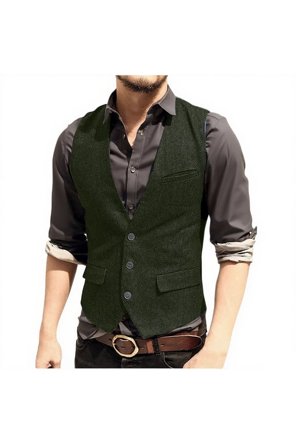 Men's Tweed Suit Vintage Vest Herringbone V Neck Casual Waistcoat for Wedding Groomsmen