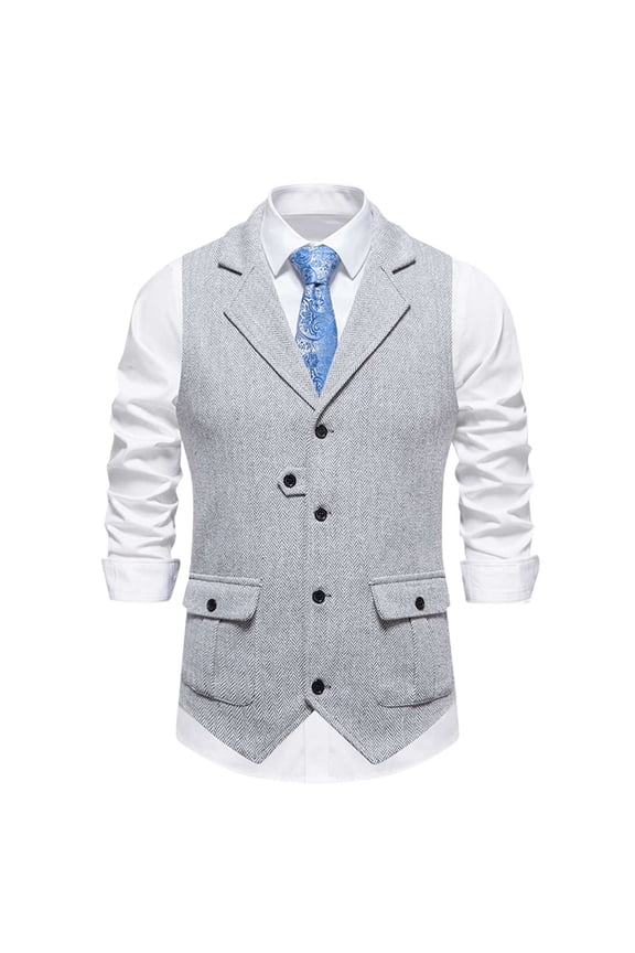 Men's Tweed Suit Vintage Vest Herringbone Wool Prom Waistcoat Groomsmen for Wedding and Party Gray