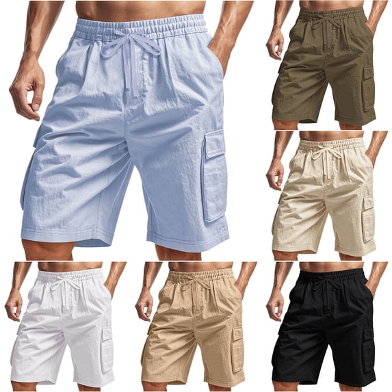Men's Twill Cargo Short Pants 10" Inseam Elastic Waist Summer Beach Vacation Knee Length Multi-Pocket Utility Shorts, Lightweight Breathable Bermuda for Outdoor Travel