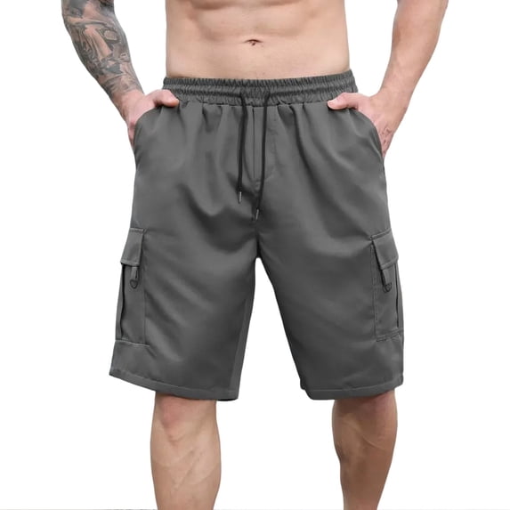 Men's Twill Cargo Shorts 10" Inseam Elastic Waistband Drawstring Utility Short Pants, Knee Length Multi-Pocket Outdoor Hiking Fishing Travel Wear with D-Rings