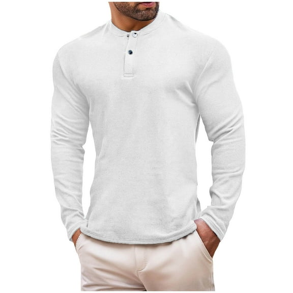 Men's Twill Shirt Casual Button Crew Neck Solid Color Long Sleeve T Shirts Loose Fit Comfortable Soft Sweatshirt White XL