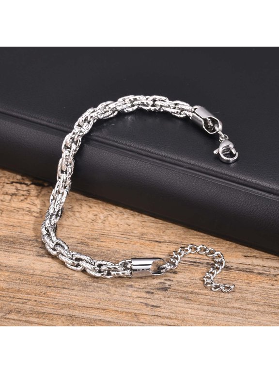 Men's Twist Braided Chain Link 14K White Gold Filled Bracelet, Rock Punk Wristband, Urban Street Style Fashion Jewelry