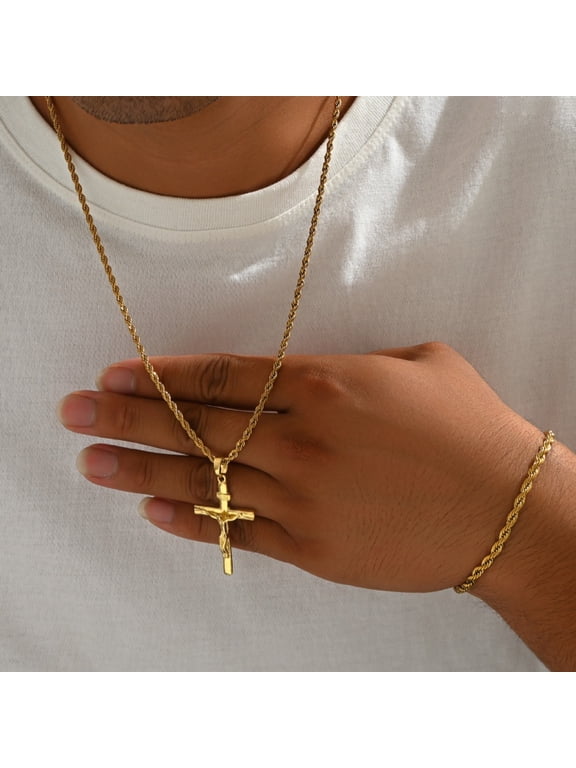 Men's Twist Motif Cross Pendant Necklace and Bracelet Jewelry Set, 14K Gold Filled Sturdy Textured Polished Stately Distinctive Jewelry