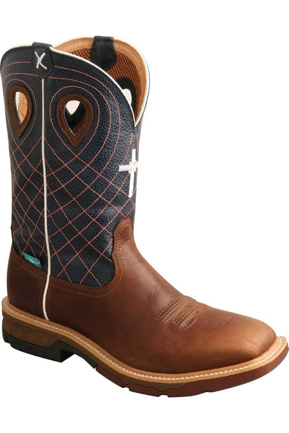 Men's Twisted X MXBAW01 12" Alloy Toe Western Waterproof Work Boot Mocha/Navy Full Grain Leather 8 2E