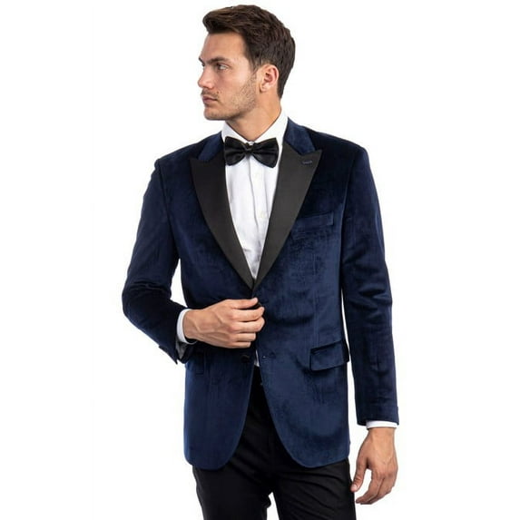 Men's Two Button Peak Lapel Velvet Wedding & Prom Tuxedo Jacket in Navy Blue