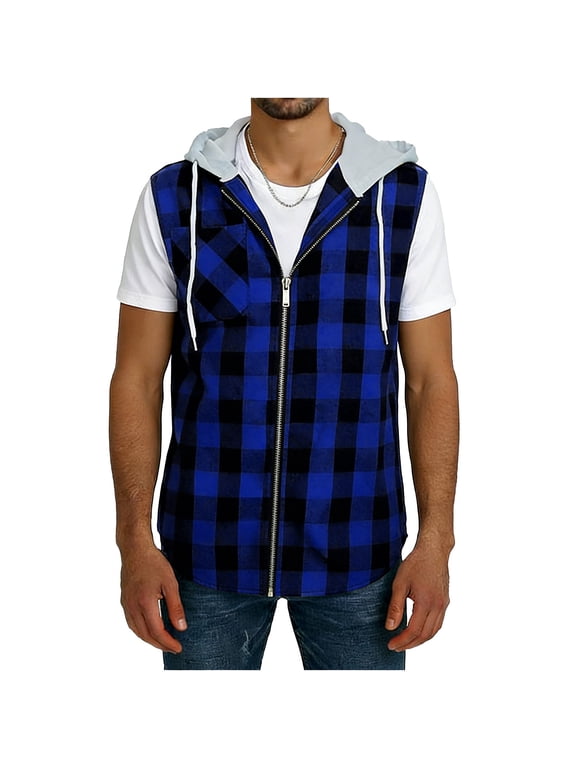Men's Two-Layer Buffalo Plaid Hooded Vest Zip-Up Sleeveless Hoodie, Casual Checkered Streetwear with Chest Pocket, 2 in 1 Design Top for Daily & Fashion Trendy Wear