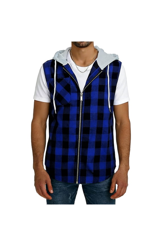 Men's Two-Layer Buffalo Plaid Hooded Vest Zip-Up Sleeveless Hoodie, Casual Checkered Streetwear with Chest Pocket, 2 in 1 Design Top for Daily & Fashion Trendy Wear
