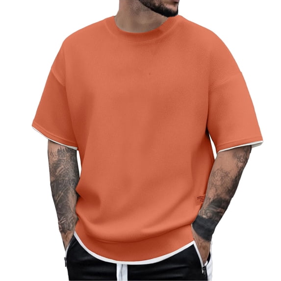 Men's Two Layer Contrast Hem T Shirt, Short Sleeve Crew Neck Tee, Casual Summer Top with Layered Look
