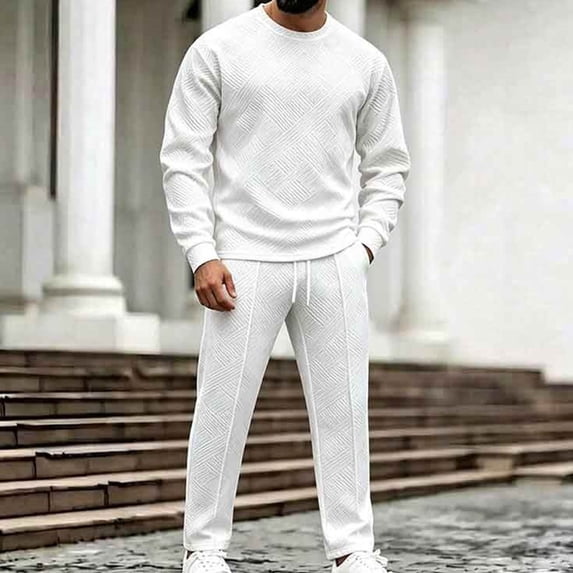 Men's Two-Piece Fashionable Casual Round Neck Casual Hoodie Set And Long Pants Sports Men's Set. White Xs