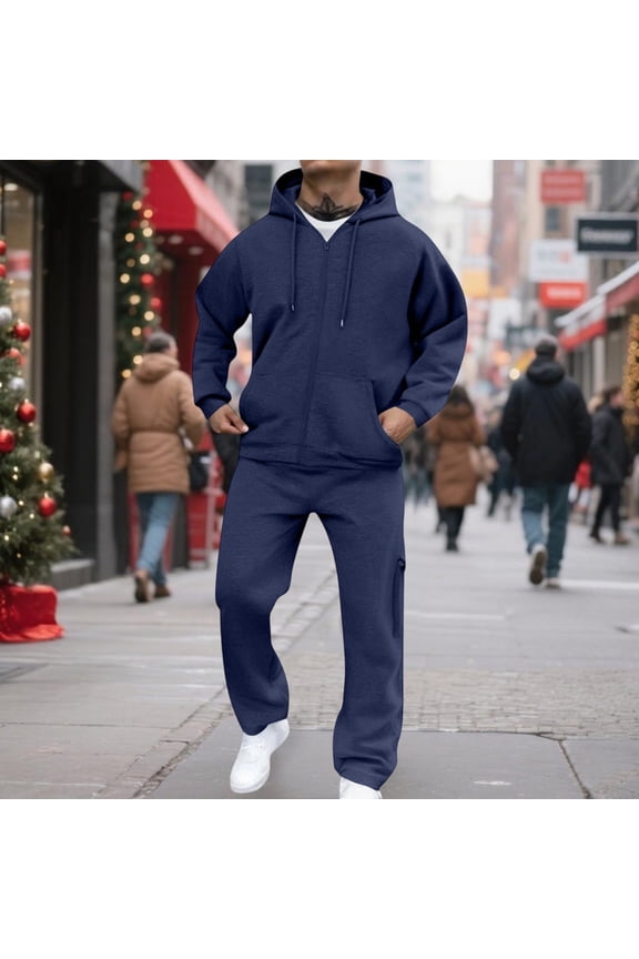 Men's Two-Piece Fleece Set, Zip-Up Hooded Jacket & Elastic Waist Cargo Pants for Casual Outdoor Sports, Athletic Workout Tracksuit